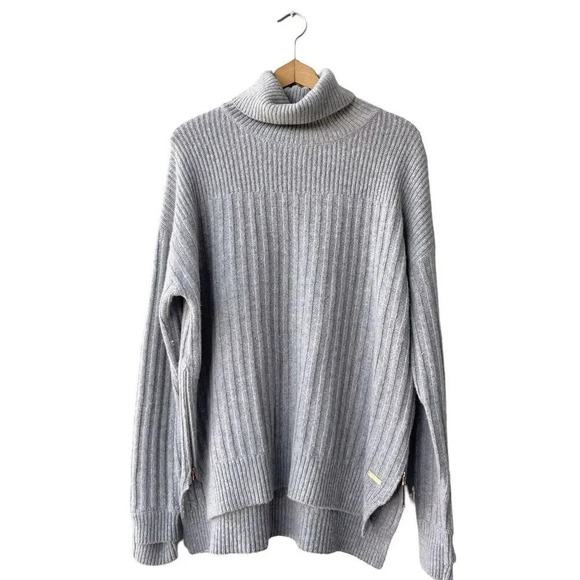 SWEATY BETTY Cashmere Turtleneck Sweaters Gray Ribs Asymmetrical Pullover M/L - Picture 1 of 4